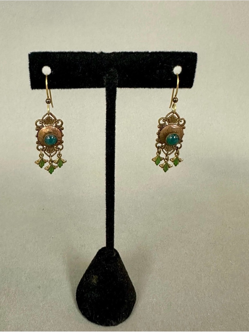 Vintage Style Gold-Tone Filigree Drop Earrings with Green Enamel Accents